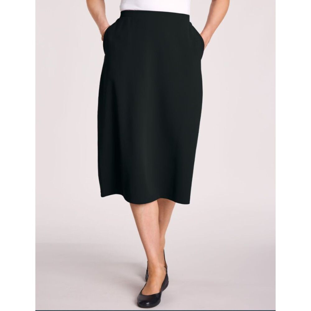 NEW Black Sz Large Elastic Waist Stretchy Easy Care Crepe Skirt Side Pockets
